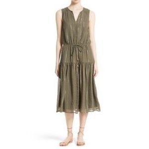 Joie Silk Maxi Klea Green Olive + Gold Mettalic Stripe Drawstring Tassel Dress S